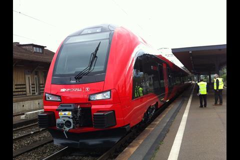 The first MTR Express Flirt EMU awaits departure from Sulgen on a test run to Romanshorn.
